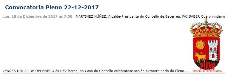 Convocatoria do Pleno do Concello de Becerreá 22-12-2017